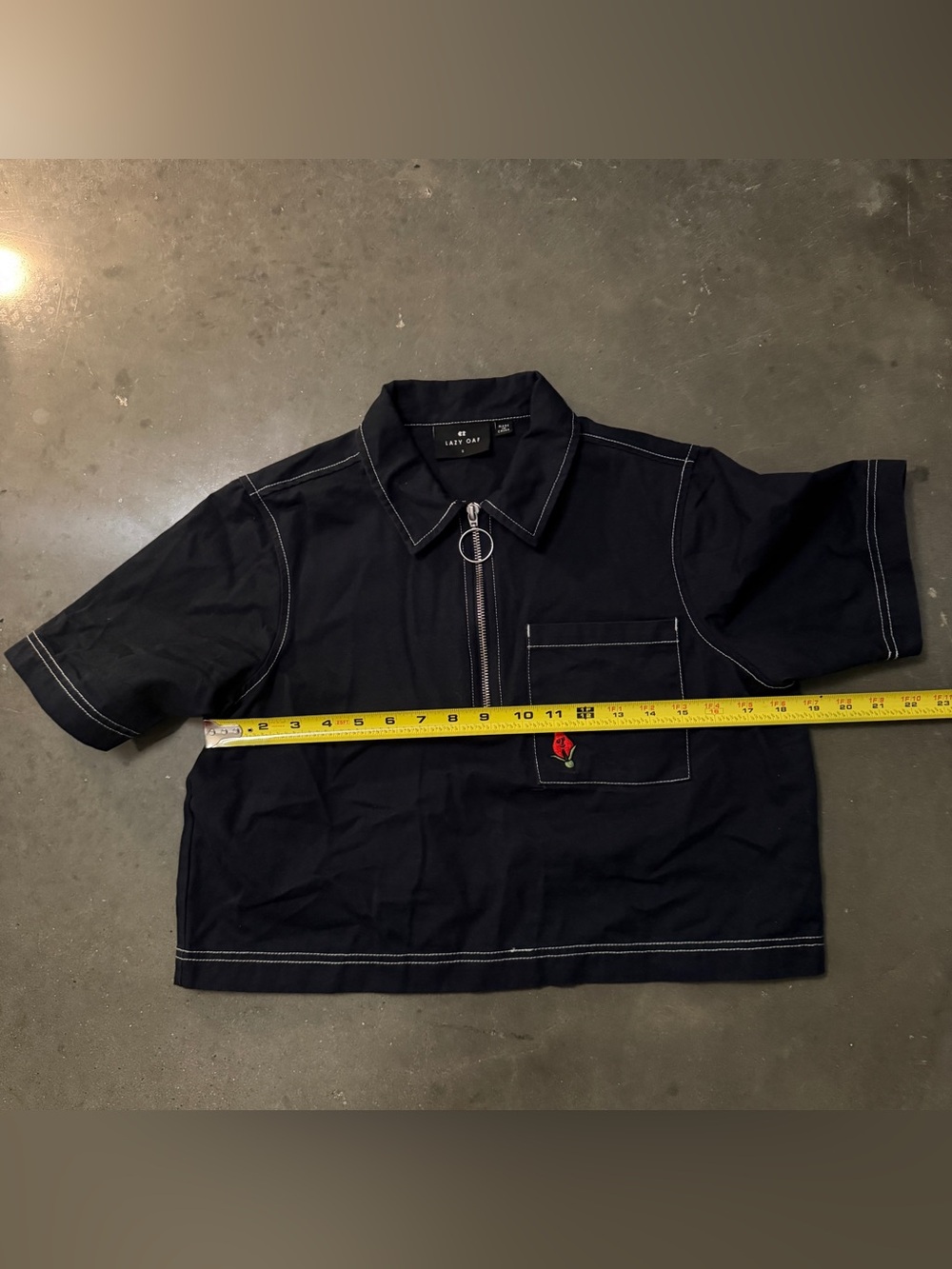 Lazy Oaf Black Cropped Zip Polo Collar Red Rose Patch Grow Your Own S Embroidery - Picture 4 of 8